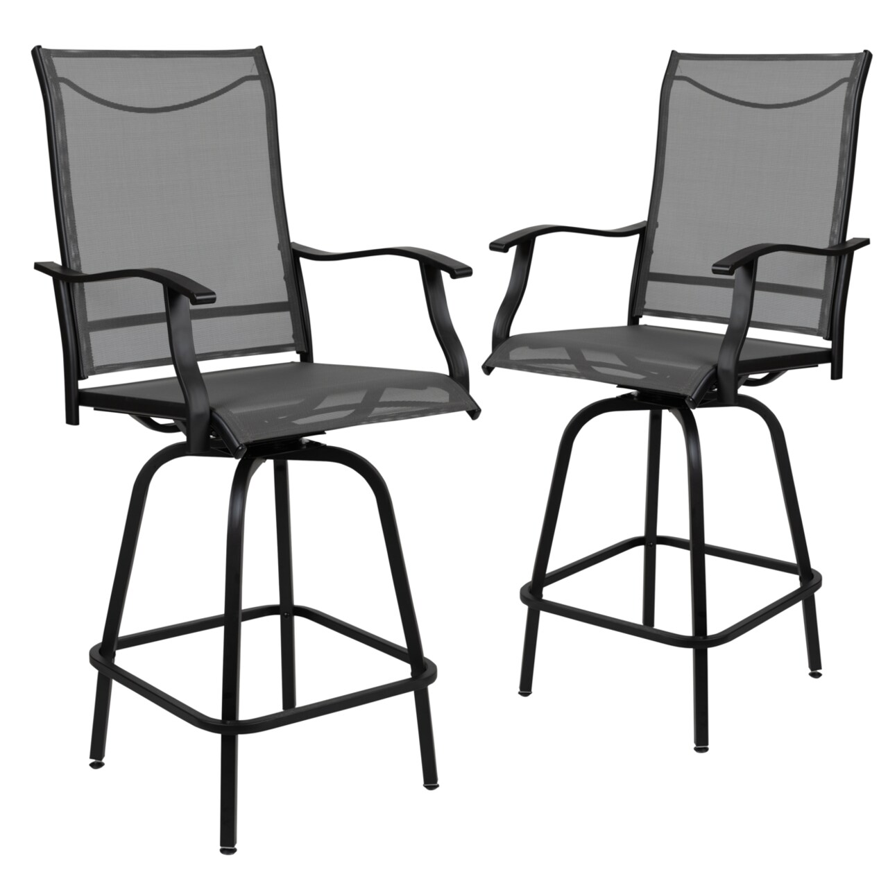 Flash Furniture Patio Bar Height Stools Set of 2, All-Weather Textilene Swivel Patio Stools and Deck Chairs with High Back & Armrests in Gray